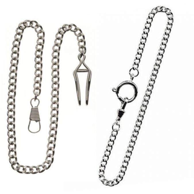 Pocket Watch - Greenwich Chrome Plated Chain Bundle T-bar, Belt Bar, Bolt Ring